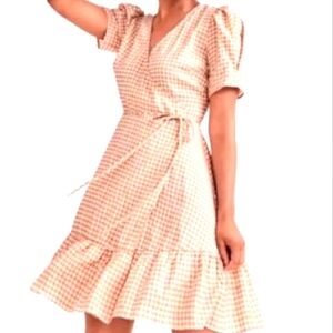 LOFT Chic Gingham Wrap Puff Sleeves Brown & white Checkerd Size 4P